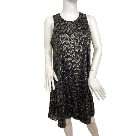 Calvin Klein Dress 8 Black Gold Metallic Leopard-type pattern A-line Round Neck - Picture 1 of 12